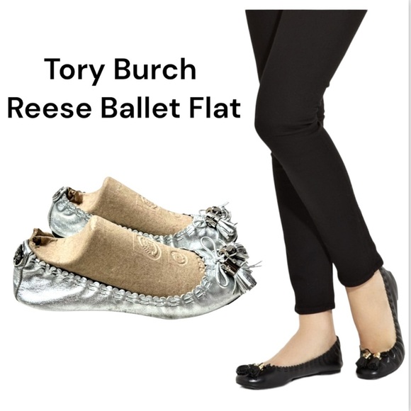 Tory Burch Reese Metallic Silver Leather Scrunch Tassel Ballet Flats Size 7 - Picture 16 of 16